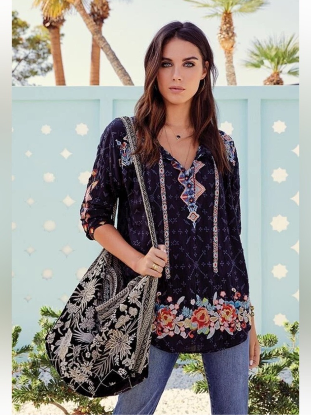 Johnny Was Artisan Embroidered Hobo Shoulder Bag Black Floral Boho Tote - Picture 3 of 4